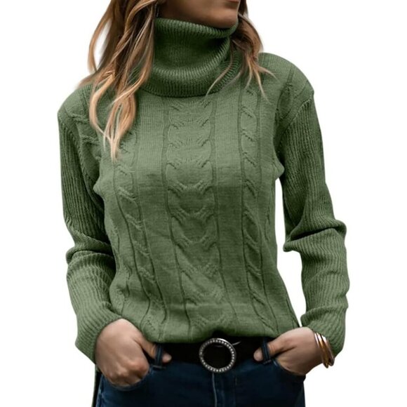 Womens Olive Pull On Cable Knit Turtleneck Long Sleeve Casual Warm Sweaters